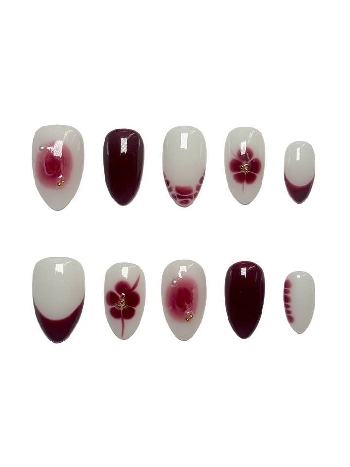 Rebecca Dark Red Blooming Flower Nails for wholesale by Claws Instant Nails LLC