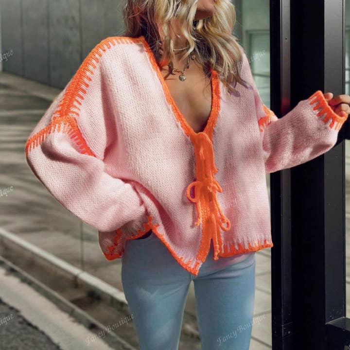 Contrast Tie Cardigan Lightweight Pink N5Z884 for wholesale on Faire