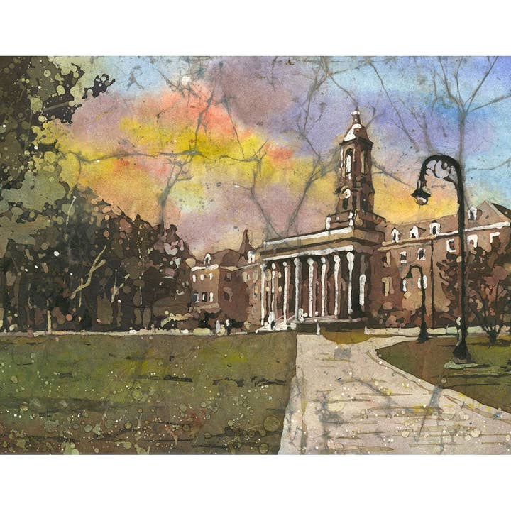 Penn State Old Main Batik Konst Universitetsarkitektur Akvarell, Alumni Gåva, Campus Väggdekoration, Batik Landskapsmålning College (tryck) för wholesale av Ryan Fox Fine Art