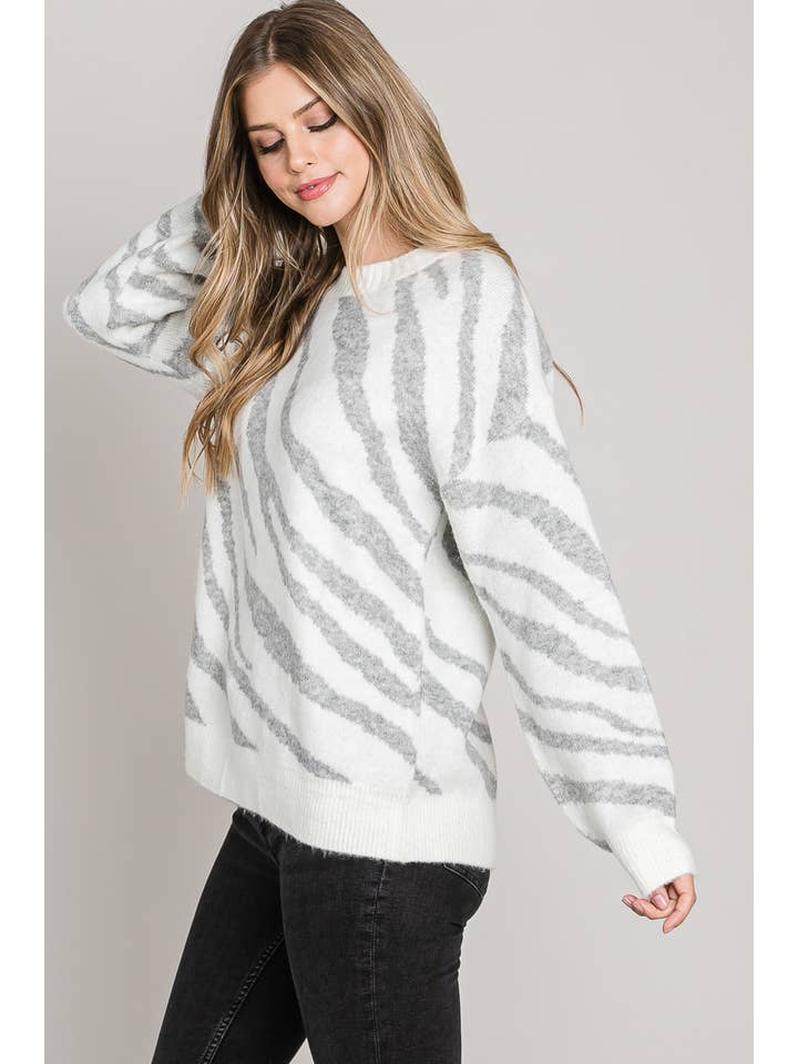 Weißes Silber Oversize-Pullover mit Zebra-Pullover für den Großhandel auf Faire1