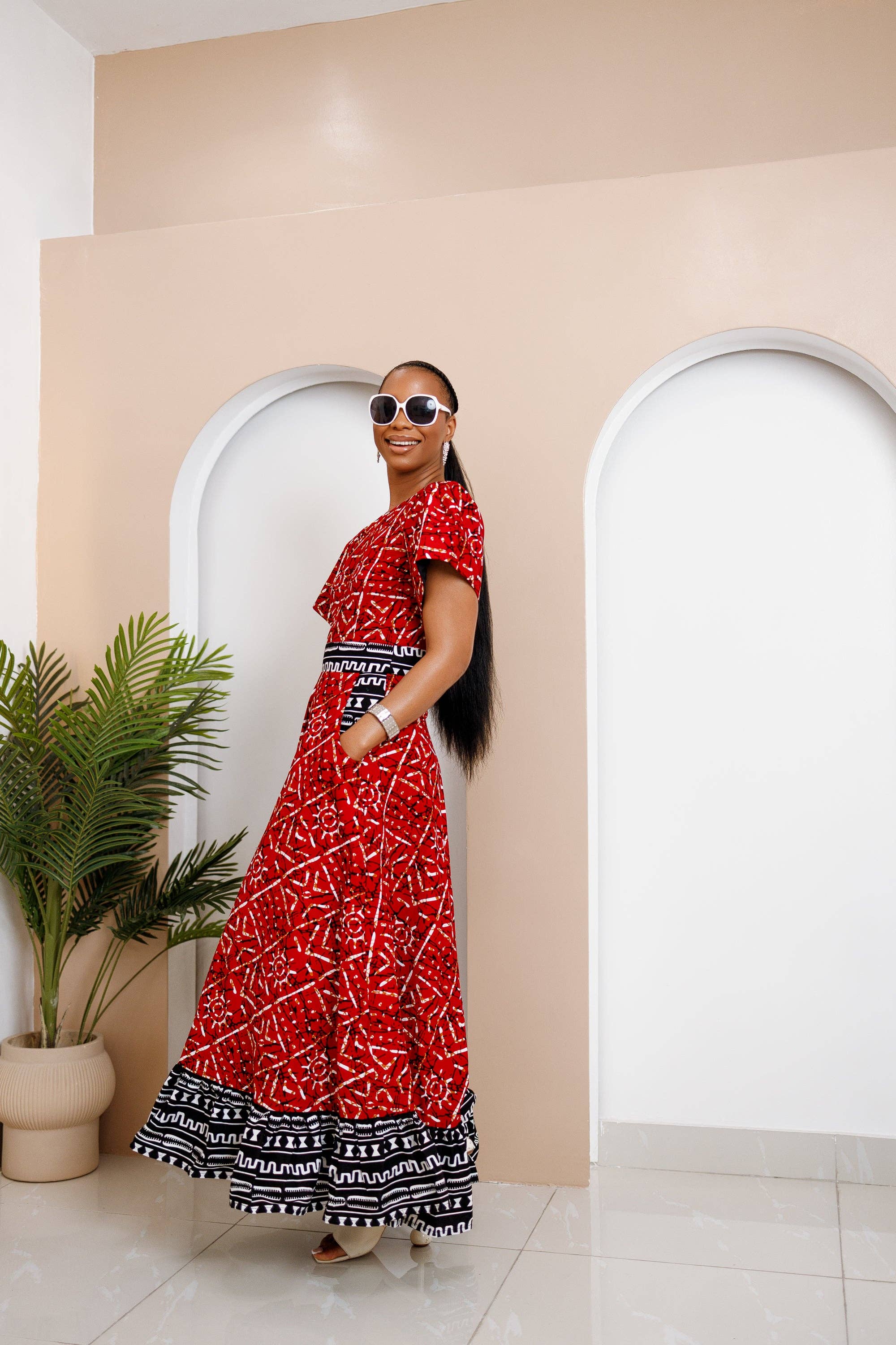 DUA MENKA – wholesale Dress – Women's – Obataobie Red Ankara Maxi Dress – Bold African Elegance - Final Sale1