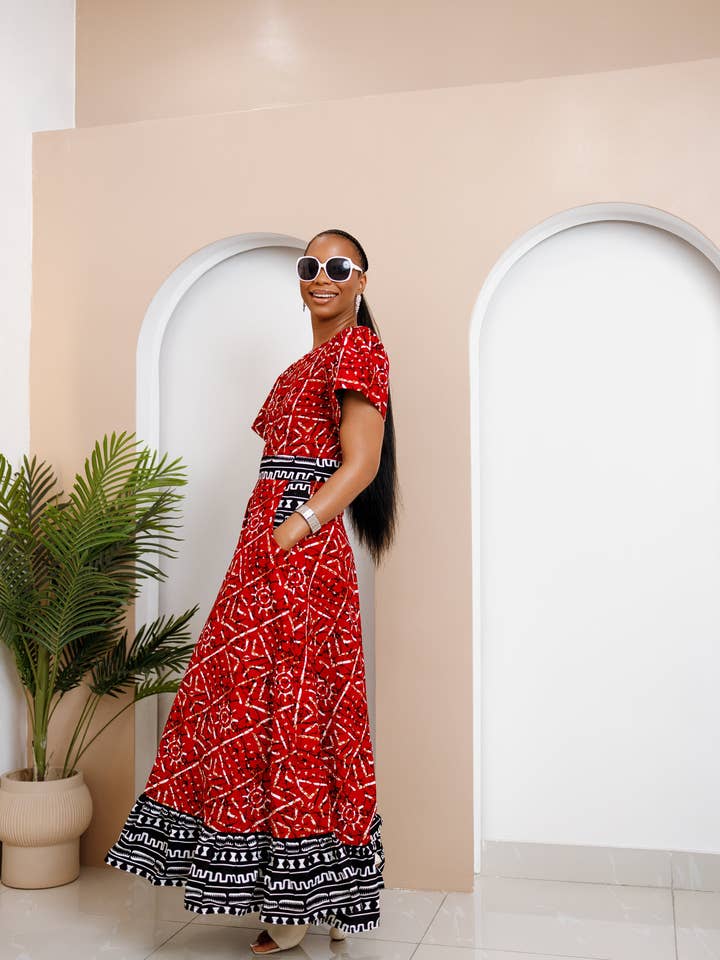 DUA MENKA – wholesale Dress – Women's – Obataobie Red Ankara Maxi Dress – Bold African Elegance - Final Sale1