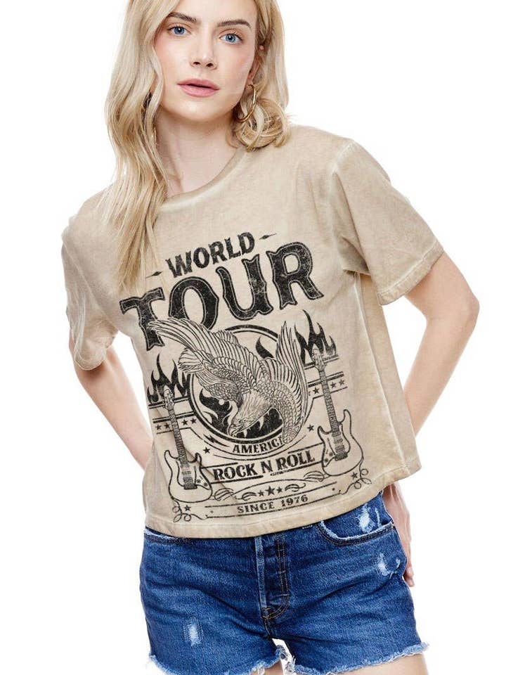 World Tour Rock N Roll 1976 S/S LunarDye Faux Crop Tee for wholesale by Foryeri