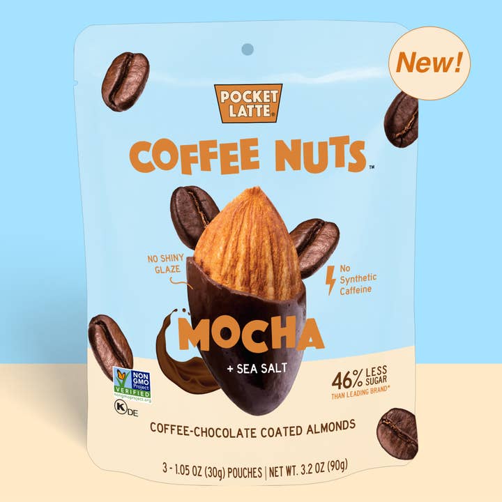 Mocha + Sea Salt Coffee Nuts, 3.2oz Standing Pouch for wholesale by Pocket's Chocolates (Formerly Pocket Latte)