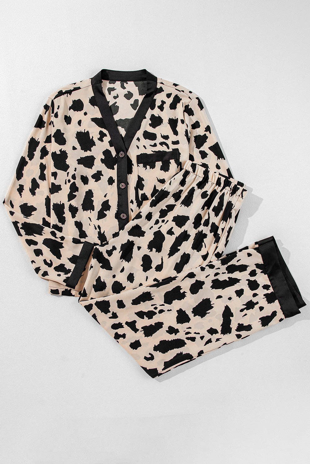 Khaki Leopard Contrast Trim Top and Pants Pajama Set for wholesale on Faire