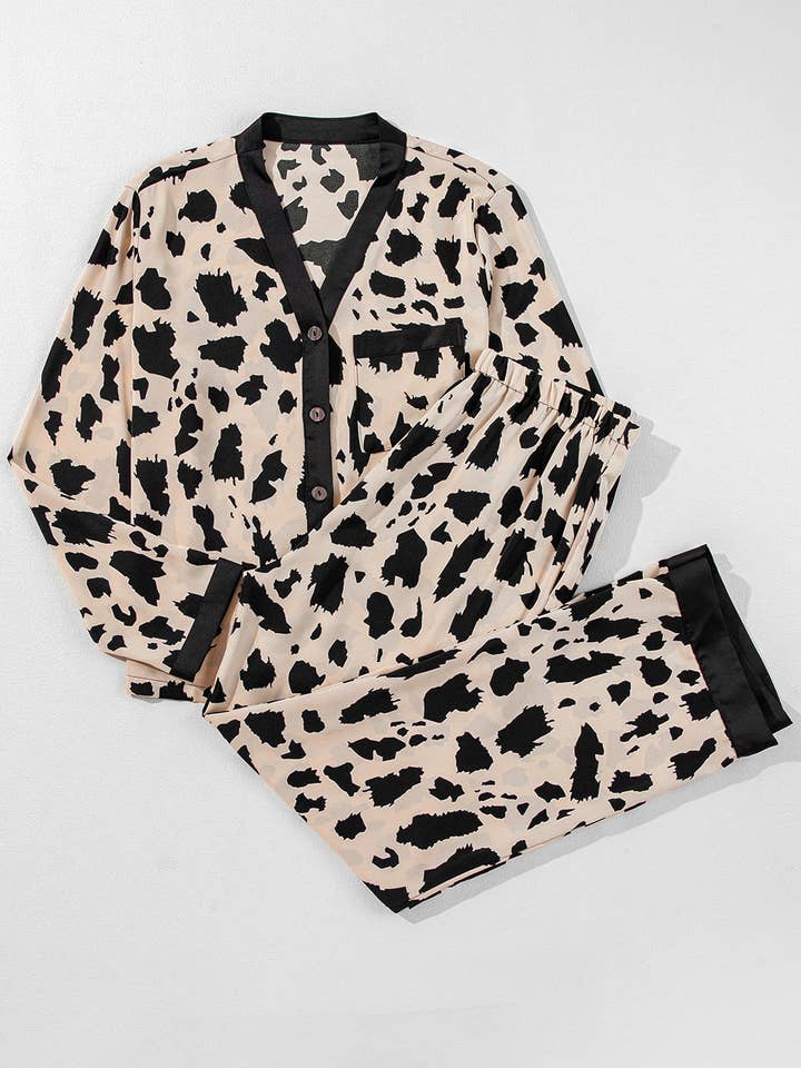 Khaki Leopard Contrast Trim Top and Pants Pajama Set for wholesale on Faire0
