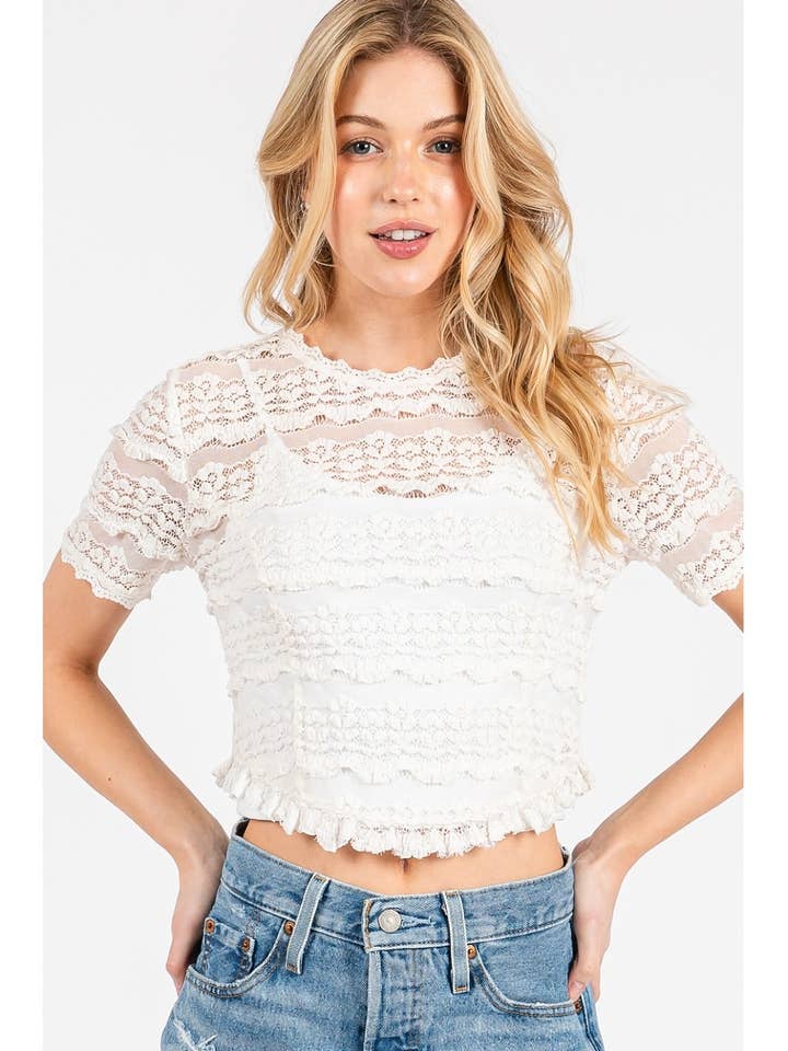 STRÆKBAR BLONDE KORTÆRMET BUET KANT CROP TOP for engroshandel hos mittoshop