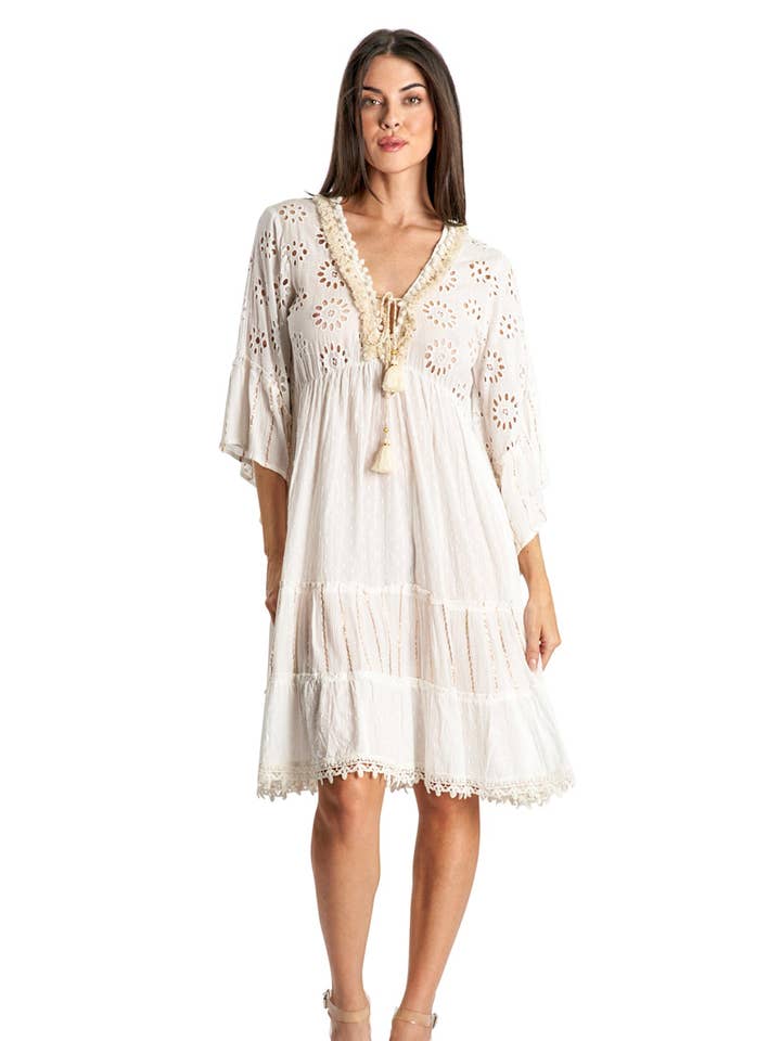 3/4 Sleeve Eyelet Resort Dress in White for wholesale by La Moda Clothing