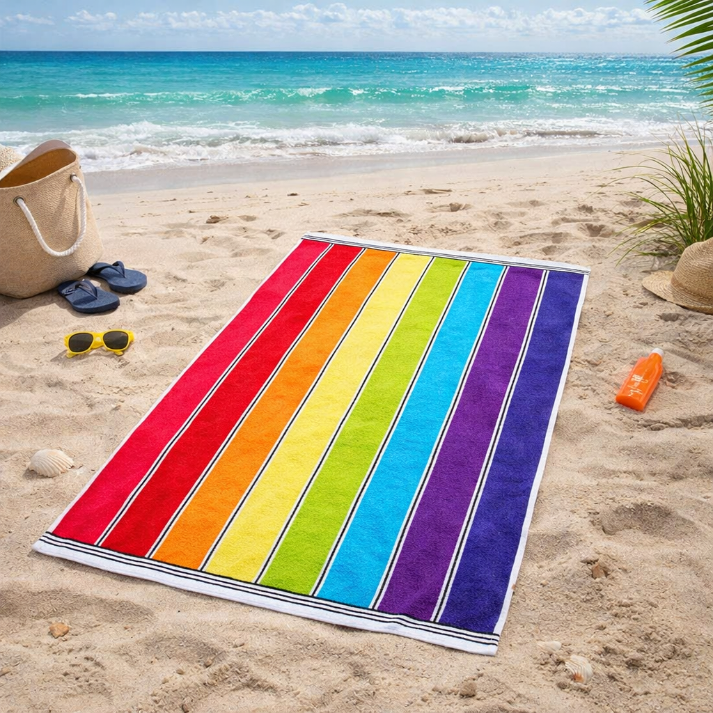 Multi-farvet Regnbuestribet bomuldsstrandhåndklæde - Luksus blødt rejsehåndklæde for engroshandel på Faire5