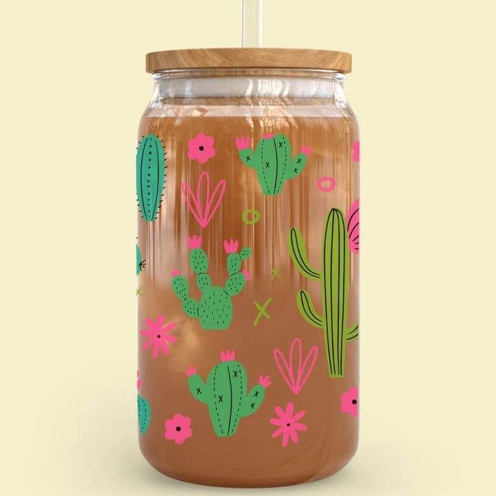 Amerikan Basics - Wholesale Drinking Glass/Cup - 16oz Glass Cup w/Bamboo Lid & Straw | Cactus