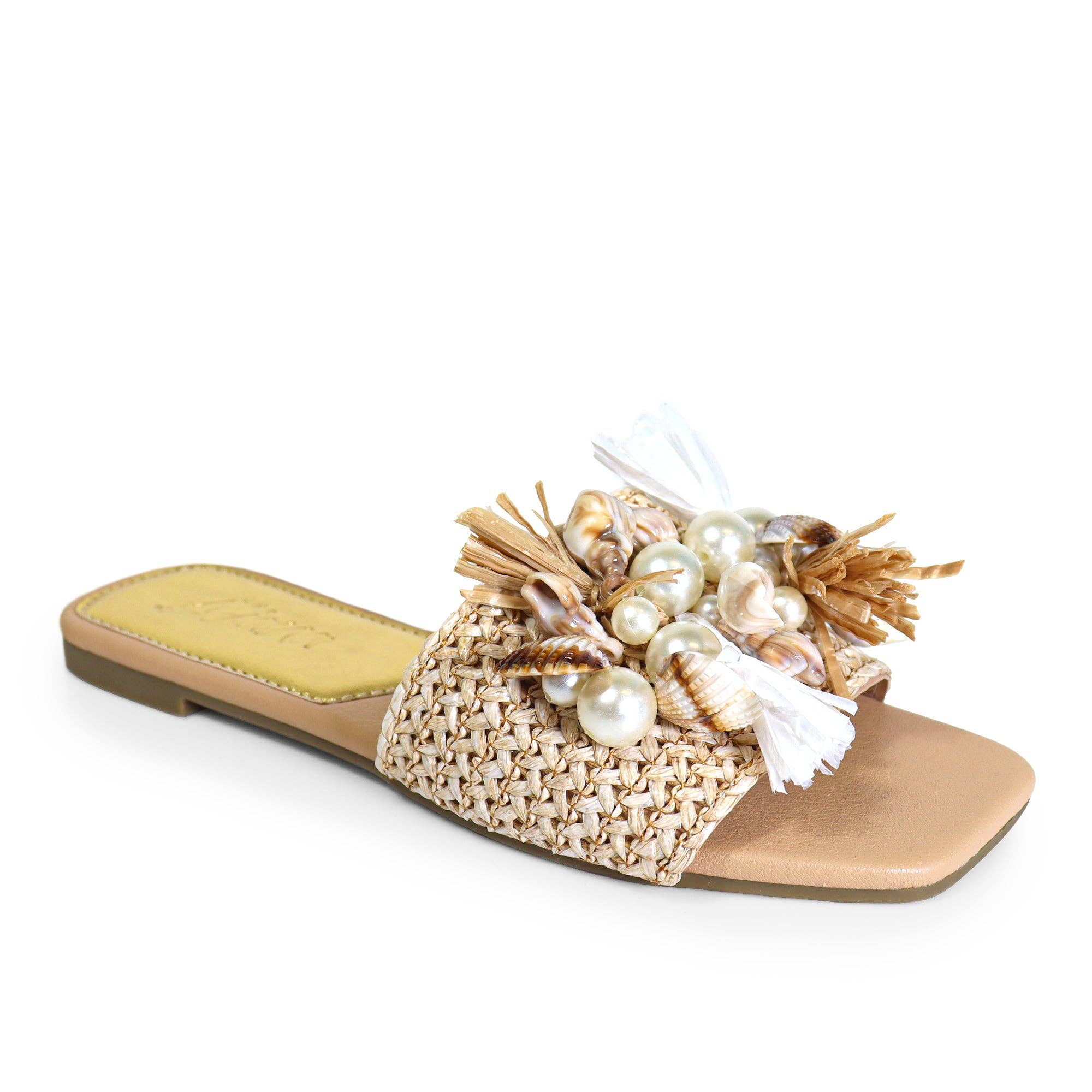 Naturel LEXI-1 SANDALE PLATE EN RAFFIA DE PLAGE AVEC COQUILLAGE ET PERLE NATURELLE en vente sur Faire0