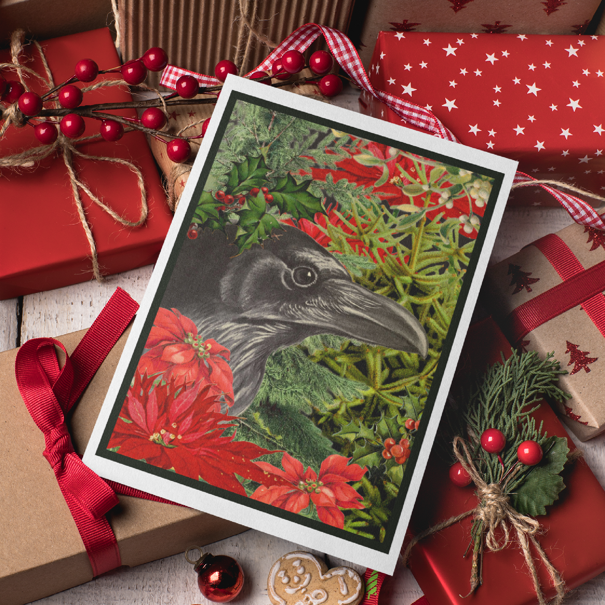 Cheerful Whimsies – wholesale Christmas card – Christmas Card. Vintage Raven in Xmas Greenery.1