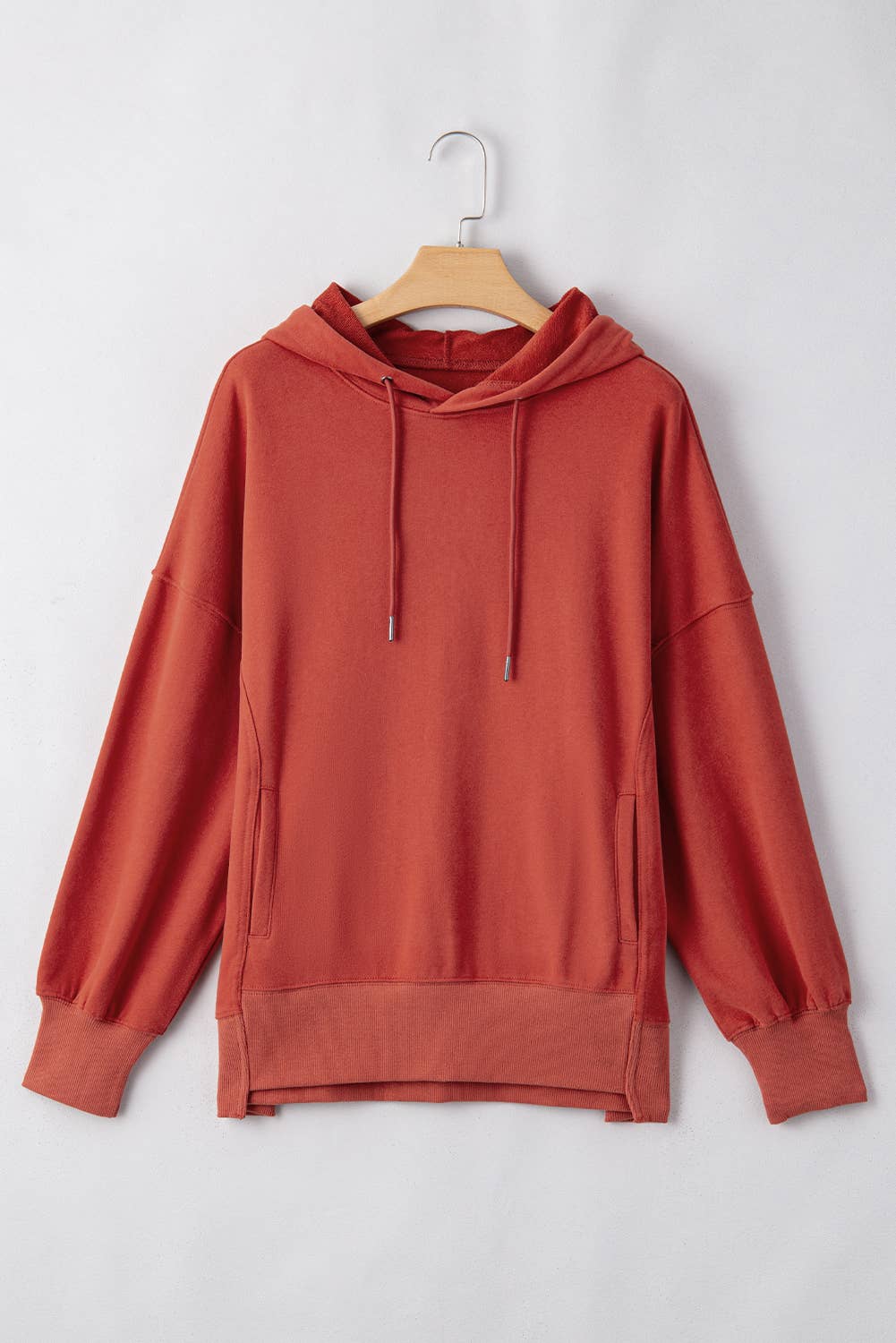 Red Drop Shoulder Pocketed Baggy Drawstring Hoodie for wholesale on Faire2