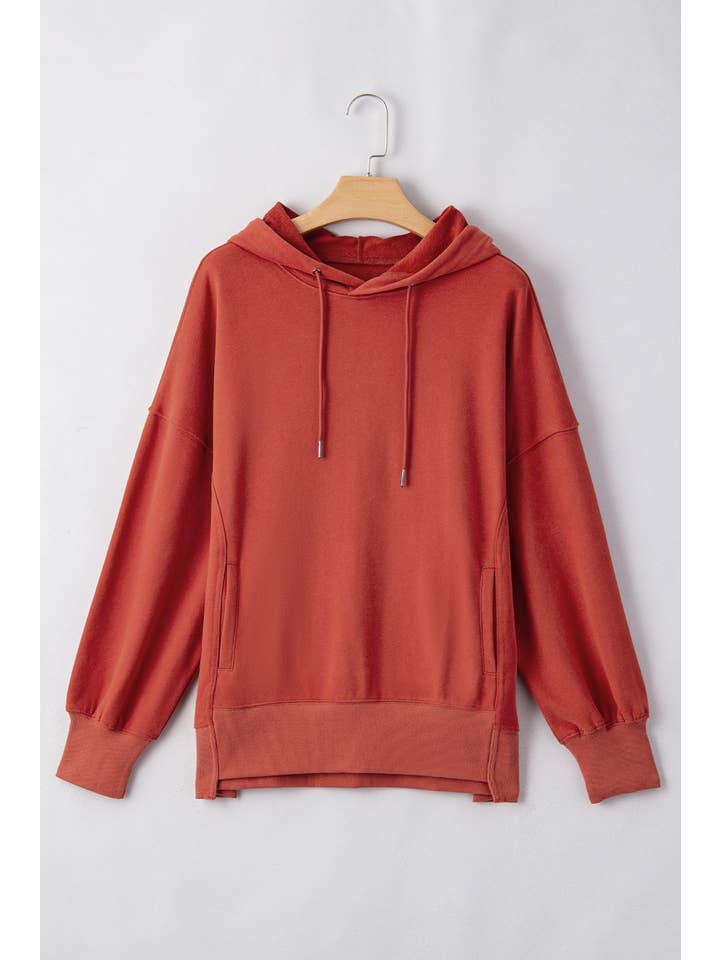 Red Drop Shoulder Pocketed Baggy Drawstring Hoodie for wholesale on Faire2