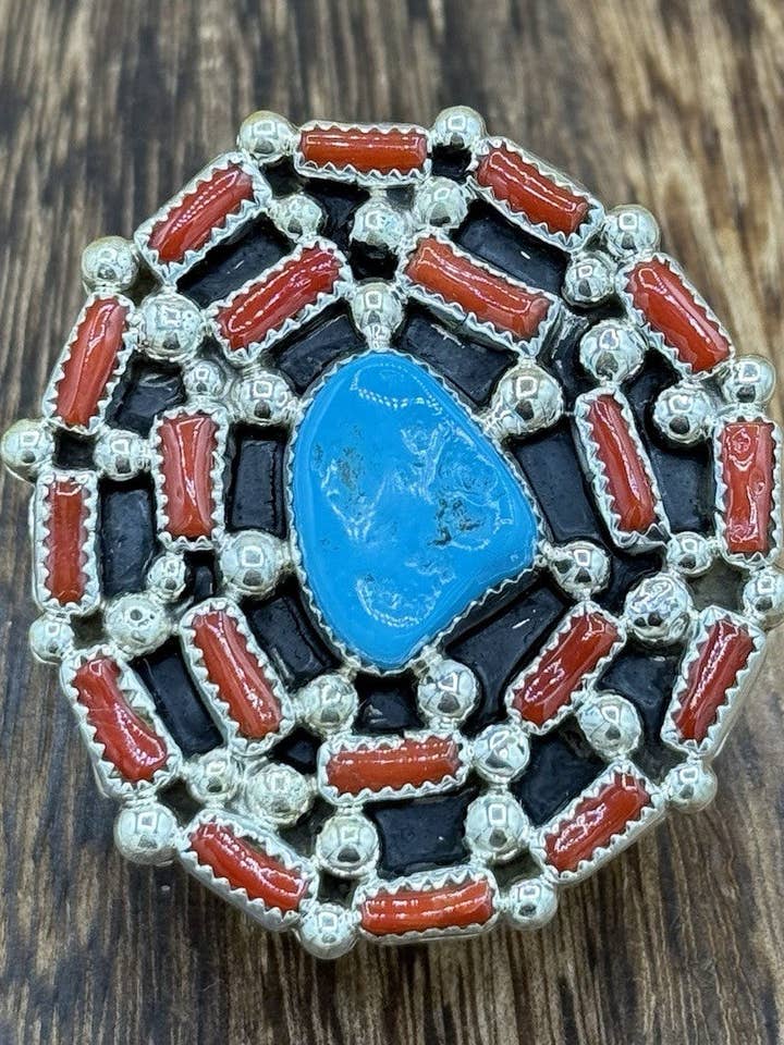 Navajo håndlavet sterlingsølv Sleeping Beauty turkis & koral justerbar 6-9 for engroshandel hos Native City Jewelry