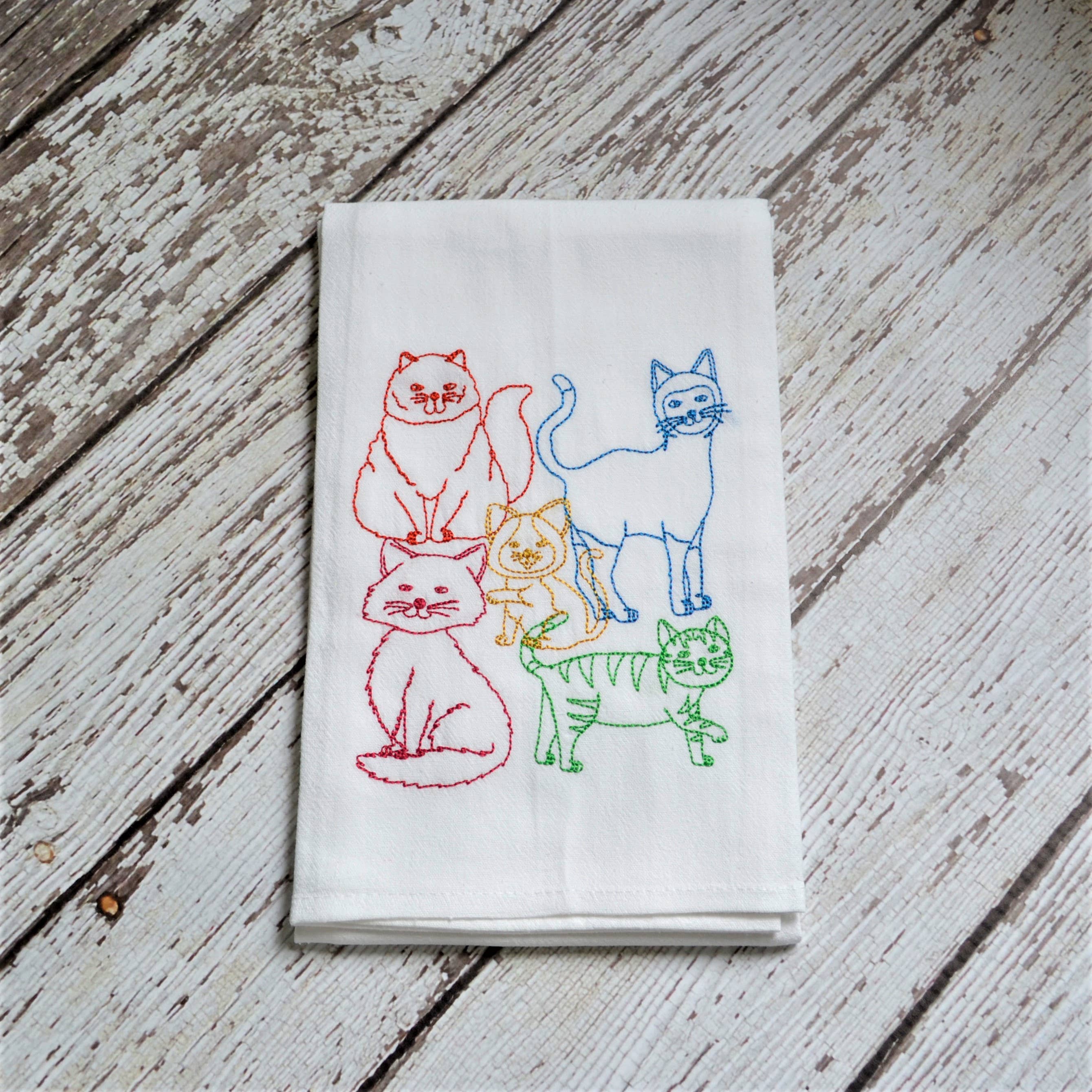 SewMuchMoreStore - Wholesale Tea Towel - Lots of Cats Tea Towel - Embroidered Floursack Towel0