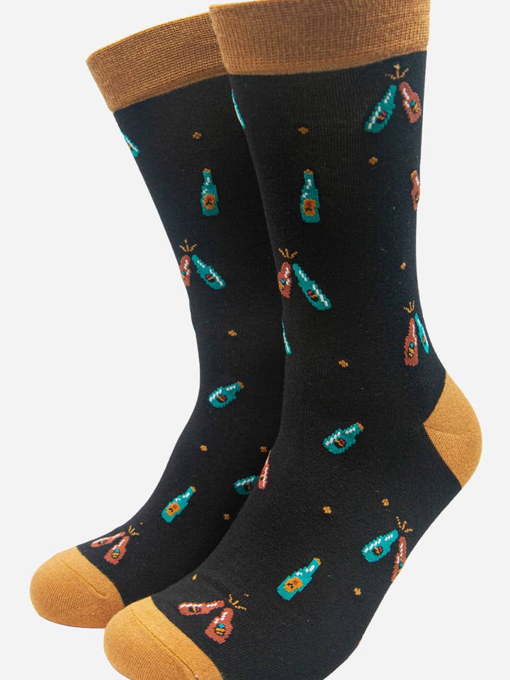 Black Men's Beer Bottle Print Bamboo Socks for wholesale by Sock Talk