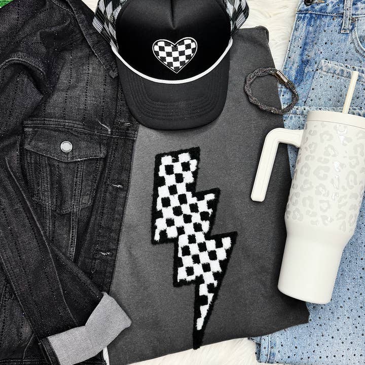 Trendy Transfers - Wholesale Patch - Checkered Lightning Bolt Fluffy Patch1