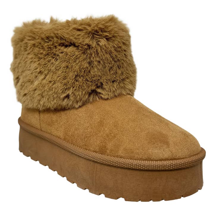 Women's Platform Booties Faux Suede Fur Lining Pull On Cuff Boots Tan Suede for wholesale on Faire7