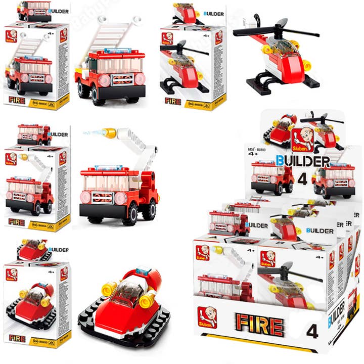 Conjunto de Exibição Builder de Veículos de Bombeiro com Blocos de Montar, 2 unidades de cada kit A-D por atacado de Texas Toy Distribution
