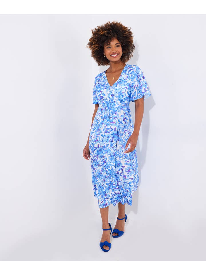 Blue Olivia Floral Printed Midi Dress for wholesale on Faire