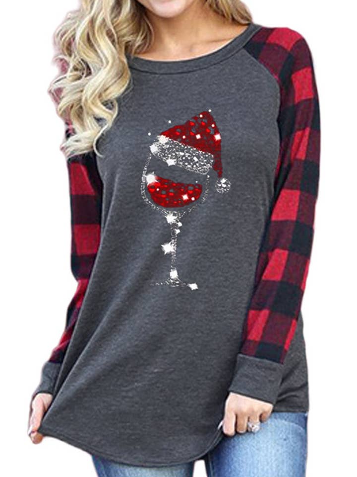 Suzie Q USA - Vendita all'ingrosso Maglietta serigrafata - Donna - T-shirt a maniche lunghe con cappello natalizio da donna in vetro0