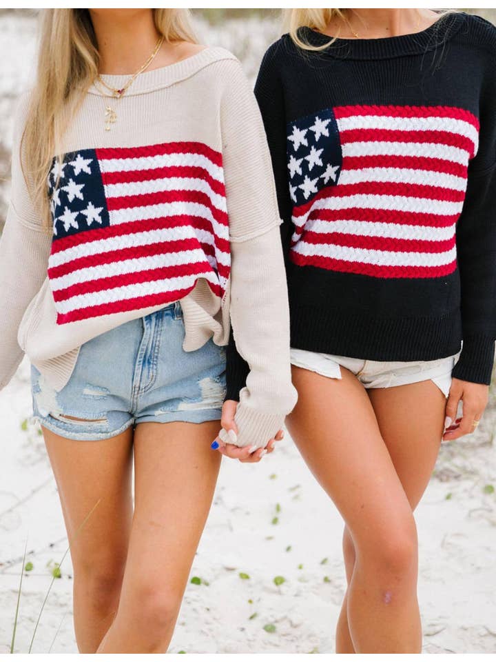 Sweetkama - Vente Pull en maille – femme - Pull-over à col rond pour femmes avec drapeau américain SKT41070