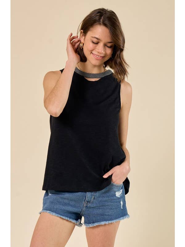 Doe and Rae - Wholesale Tank Top - Women's - Slub Knit Cutout Muscle Tank, Woven Stripe Details - 14754T