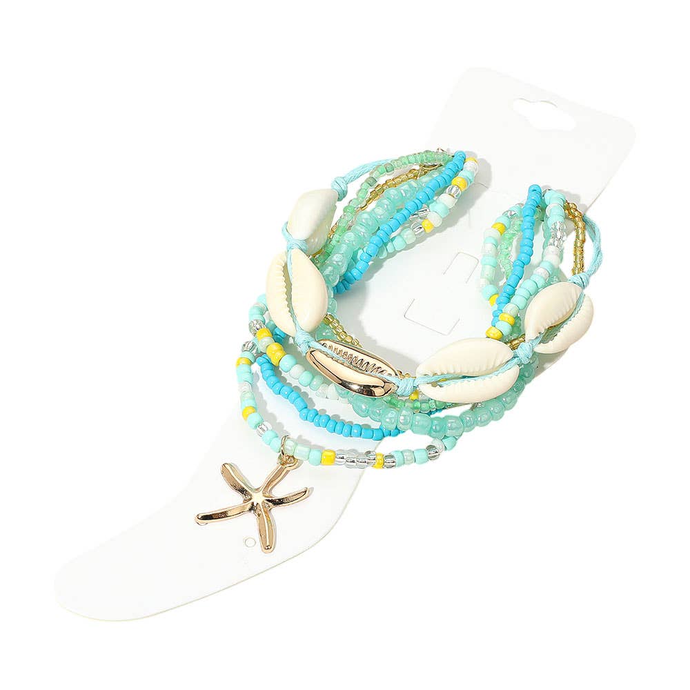 Sensibling Corp. - Wholesale Jewelry Set - 6PCS - Starfish Charm Accented Conch Shell Seed Beaded Multi Layered Anklets14