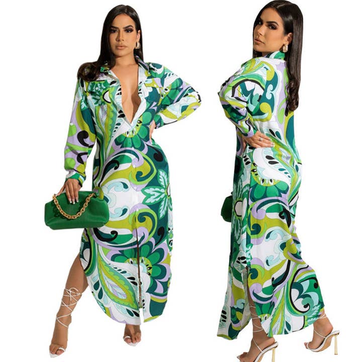 pinkblu02 - Wholesale Dress - Women's - Women Fashion Vacation Boho Style Graphic Long Sleeve Maxi Shirt Dress