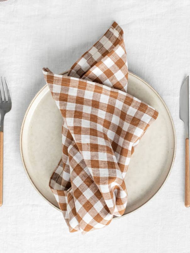 Cinnamon gingham linen napkin set of 2 | Table decor for wholesale by MagicLinen (We handle U.S. import procedures for you)