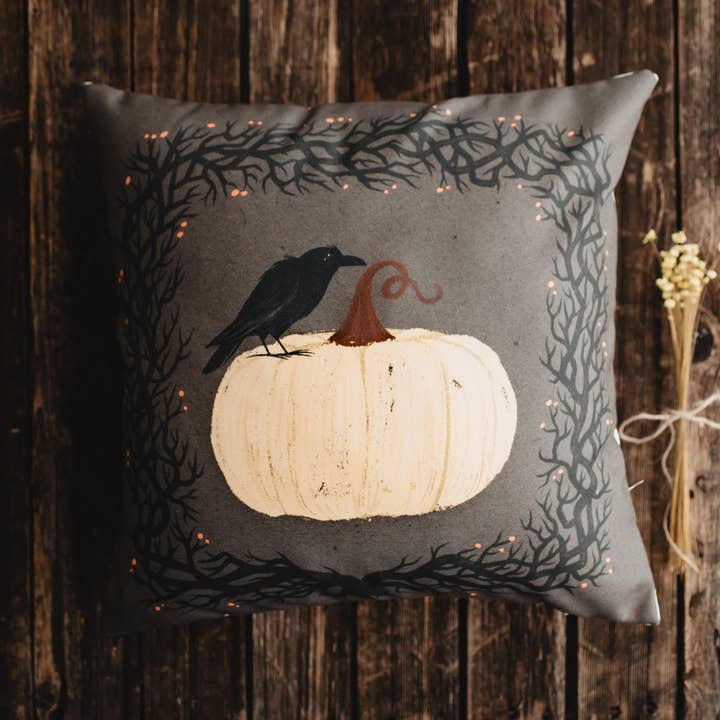 Housse de coussin citrouille noire primitive avec corbeau | Décorations d'Action de grâce | Coussin style maison de campagne | Décor country d'automne | Coussin décoratif mignon pour la vente par UniikPillows