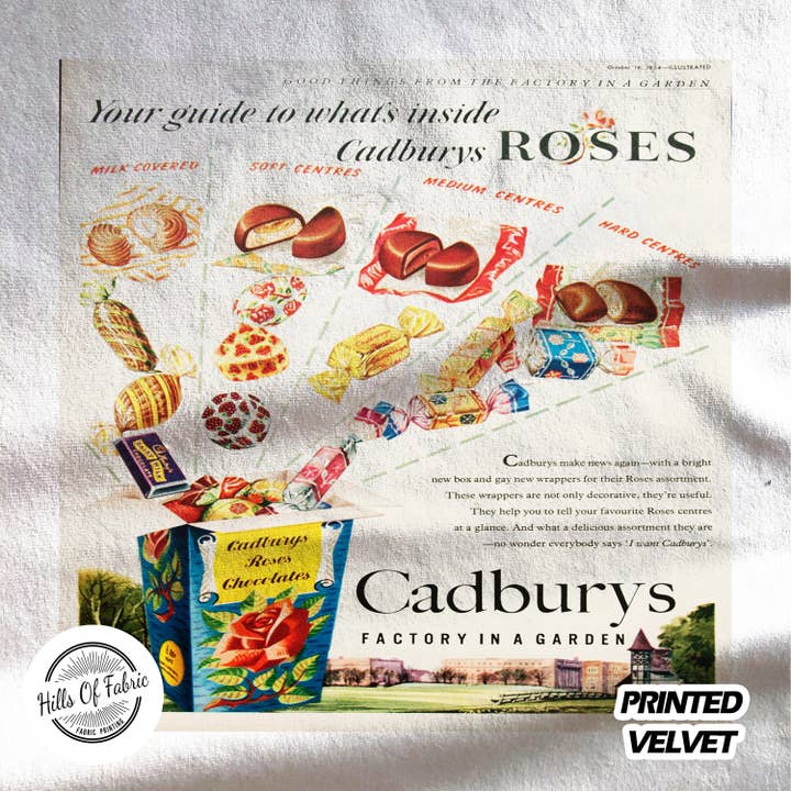 Panneau en tissu imprimé Cadburys Roses Chocolate Box Your Guide pour la vente par Hills Of Fabric