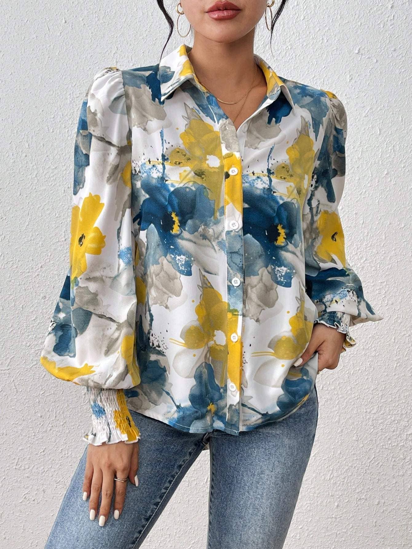 Fashion Combination - Wholesale Button Down Shirt - Women's - priv floral print lantern sleeve shirt16