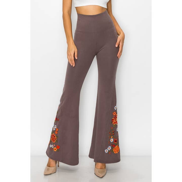 T-Party - Wholesale Pants - Women's - Floral Embroidery Flare Leg Foldover Waist Pants