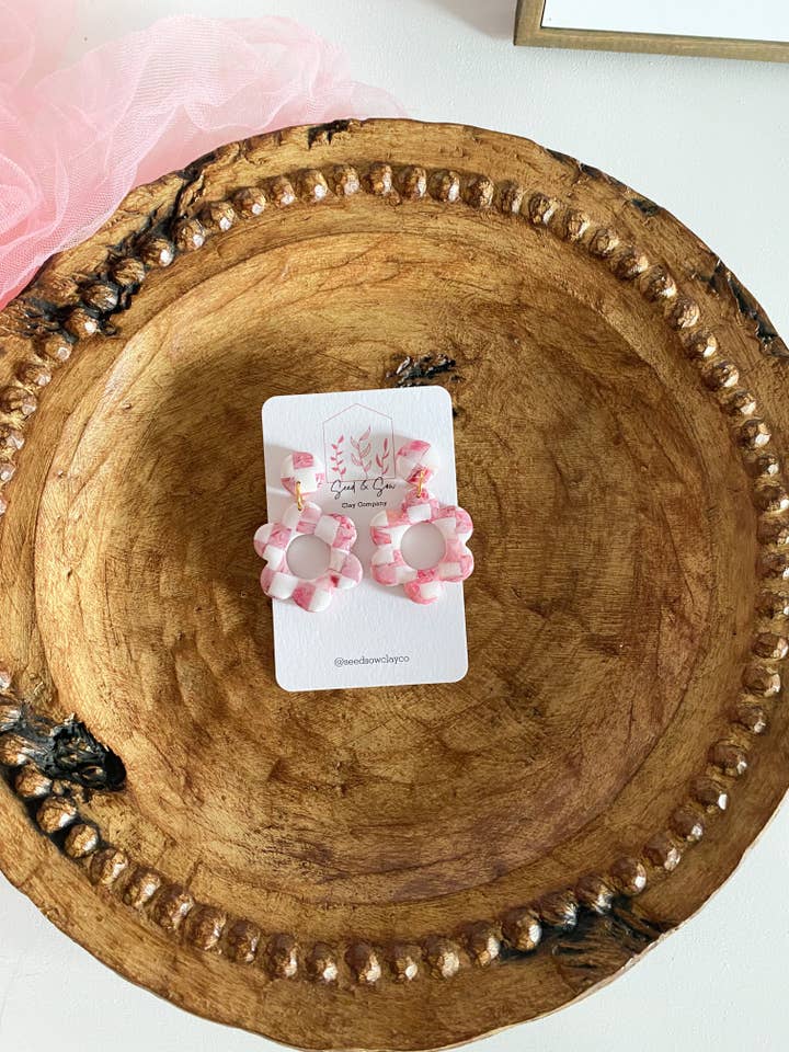 Pink and White Shimmer Checkered Flower Dangles for wholesale by Seed & Sow Clay Company