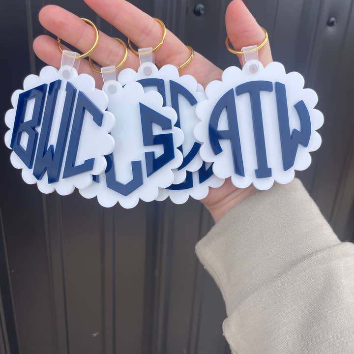 Personalized Acrylic Scalloped Initial Keychain for wholesale by Oak And Iron Engraving
