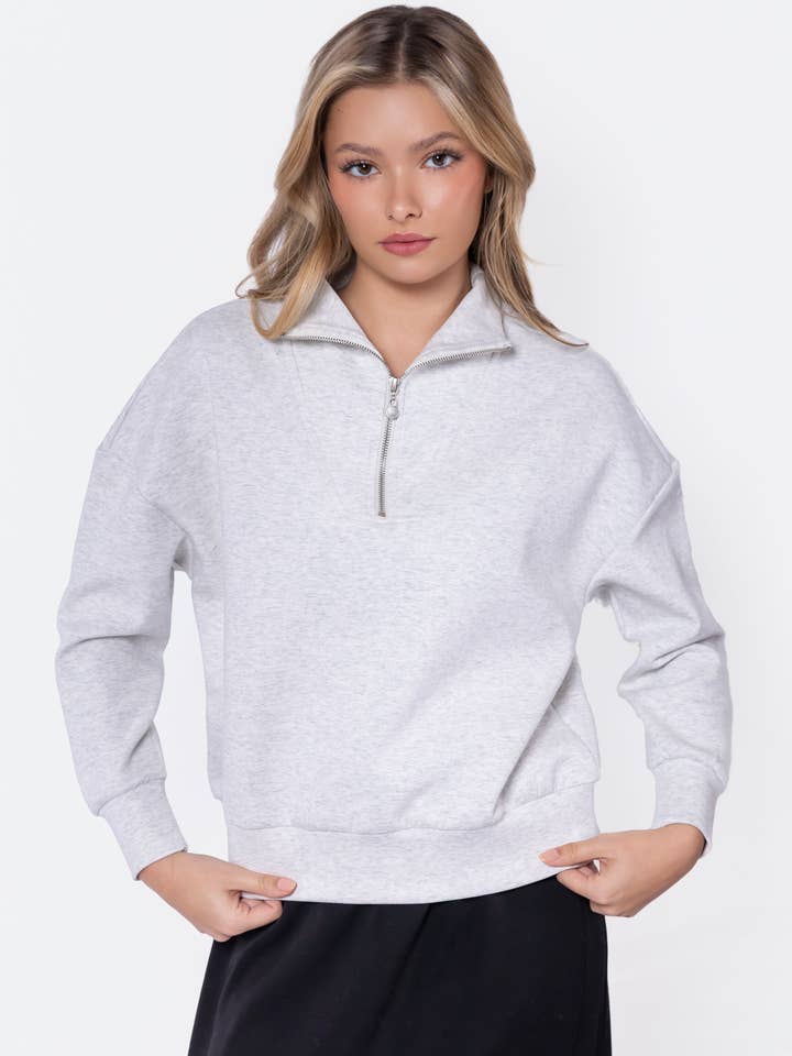 Mina Half Zip Top (Light Grey) for wholesale by Yakira Bella