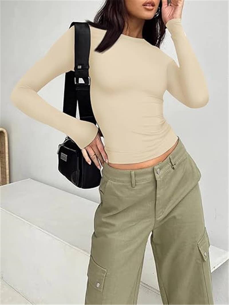 HIDDENBRAND - Wholesale T-Shirt - Women's - Simple Basic Plain Versatile Long Sleeve Cropped T-Shirt2