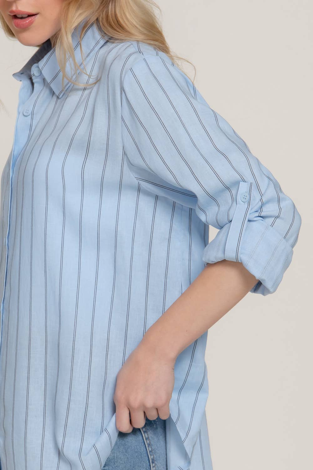 Active Basic | Active USA - Wholesale Button Down Shirt - Women's - Long Sleeve Button Down Stripe Linen Oversized Shirt6