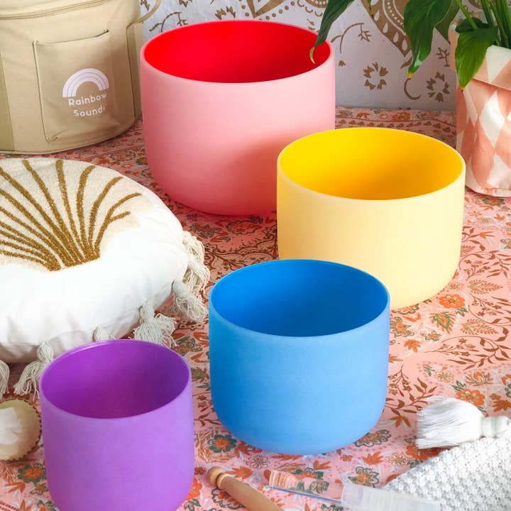 Set of 4 Colour Crystal Singing Bowls in Carry Bag for wholesale by Rainbow Sounds