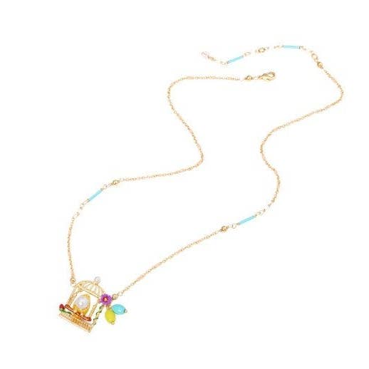 Handgeschilderde emaille halsketting met kanarie, parel en vogelkooi voor wholesale door Exsito