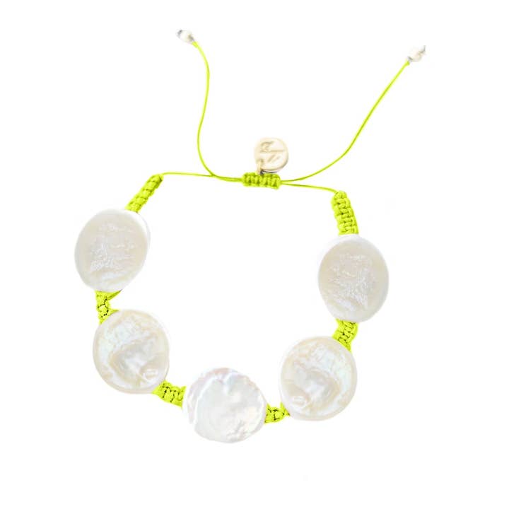 Coin Pearl Bracelet -Neon Yellow Cord for wholesale by Adriana Pappas Designs