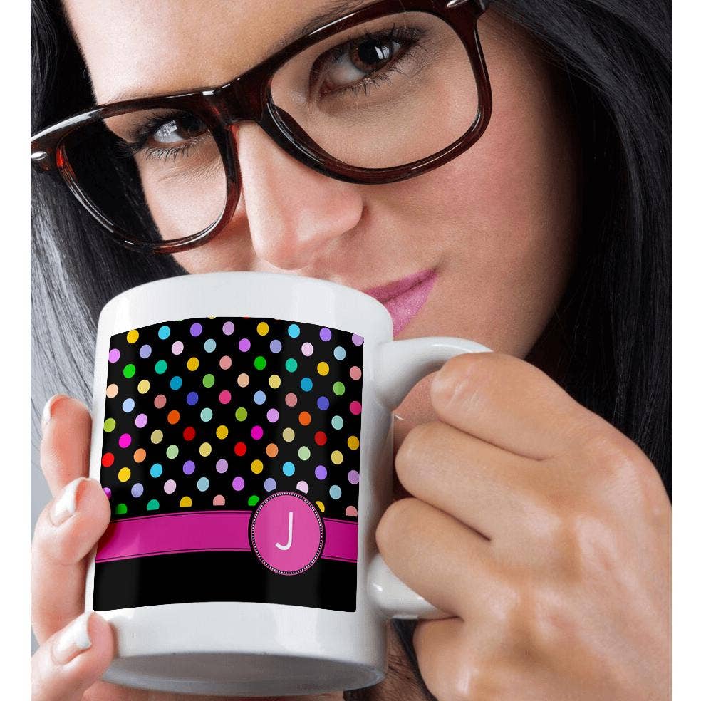 3dRose - Vente Tasse à café - 3dRose, Lettre J monogrammée sur un motif à pois arc-en-ciel avec initiale personnelle rose vif - multicolore girly, Tasse8