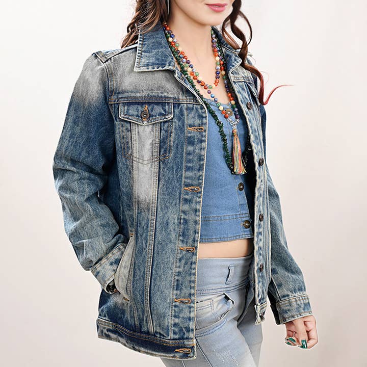 LS Western - Wholesale Denim Jacket - Women's - LC-ADJKT030 Women's Western Denim Jacket with Tooled Sunflower Yoke & Turquoise Feather Fringe Detail5