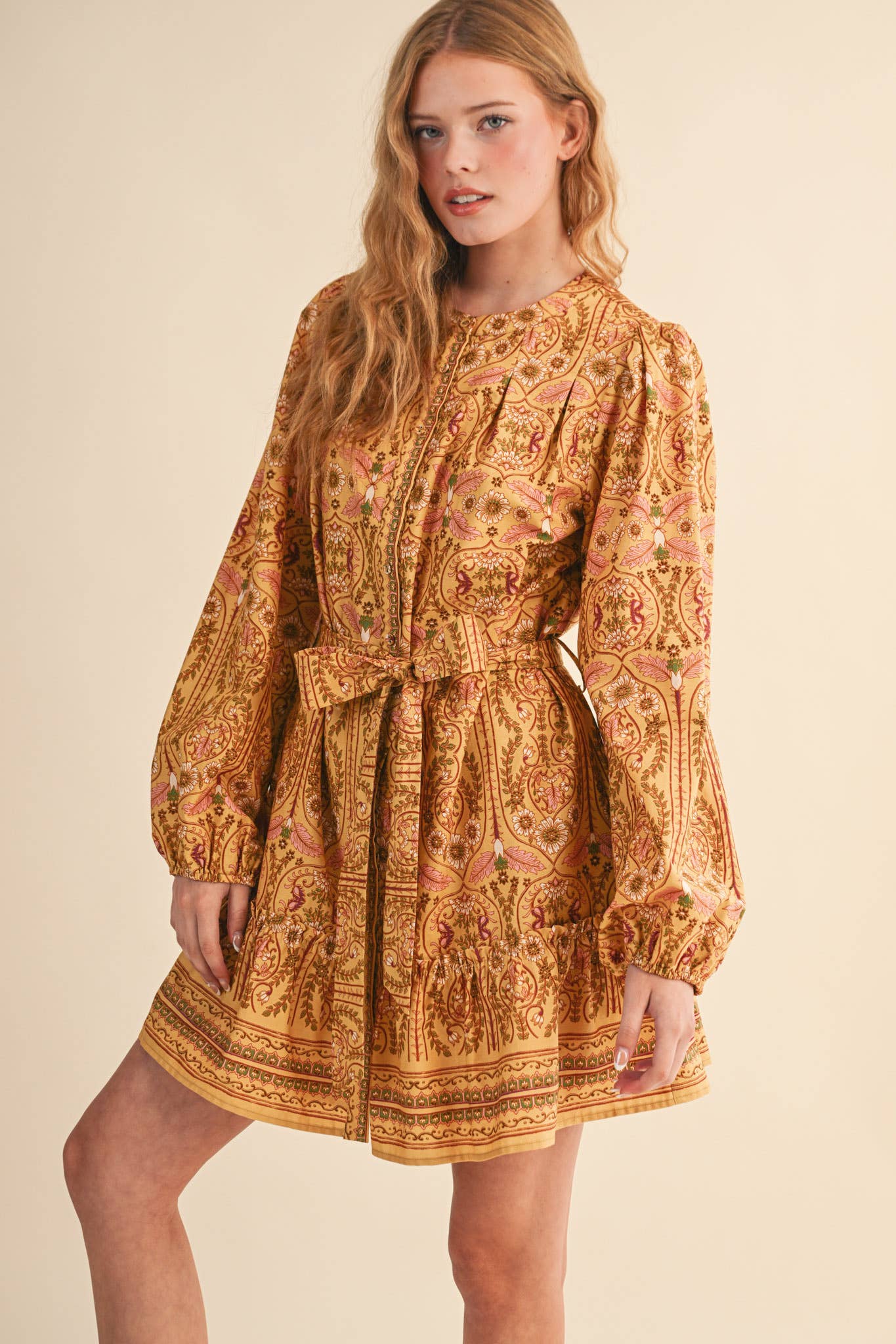 &MERCI - Wholesale Dress - Women's - EXCLUSIVE FLORAL PRINT BUTTON DOWN BELTED MINI DRESS MDR452113