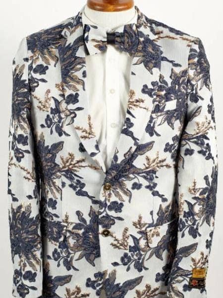 Mens White -Navy And Gold 2 Button Foil Floral Paisley Prom And Wedding Blazer for wholesale by Alberto Nardoni