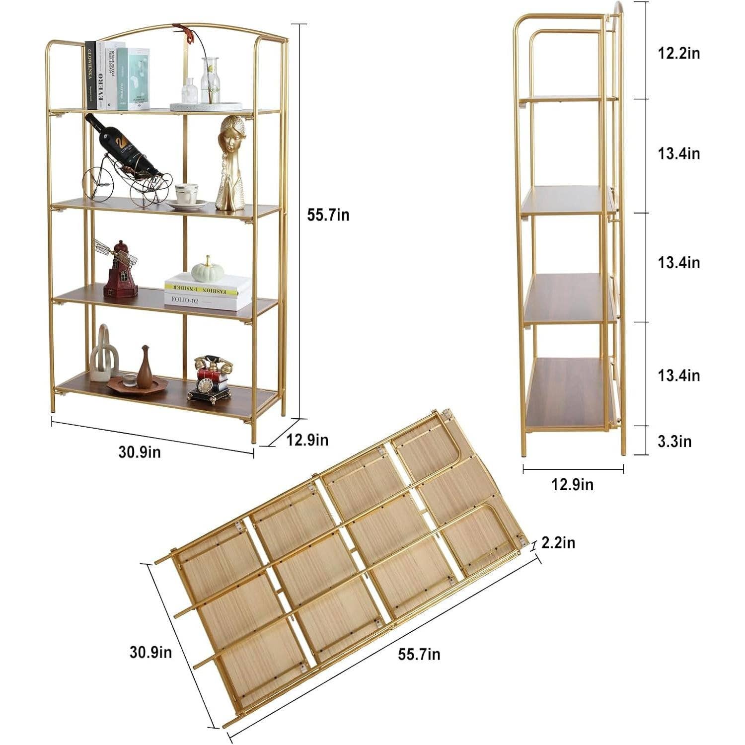 No Assembly Foldable Bookshelf 4 Tier Gold Bookcase for wholesale on Faire2