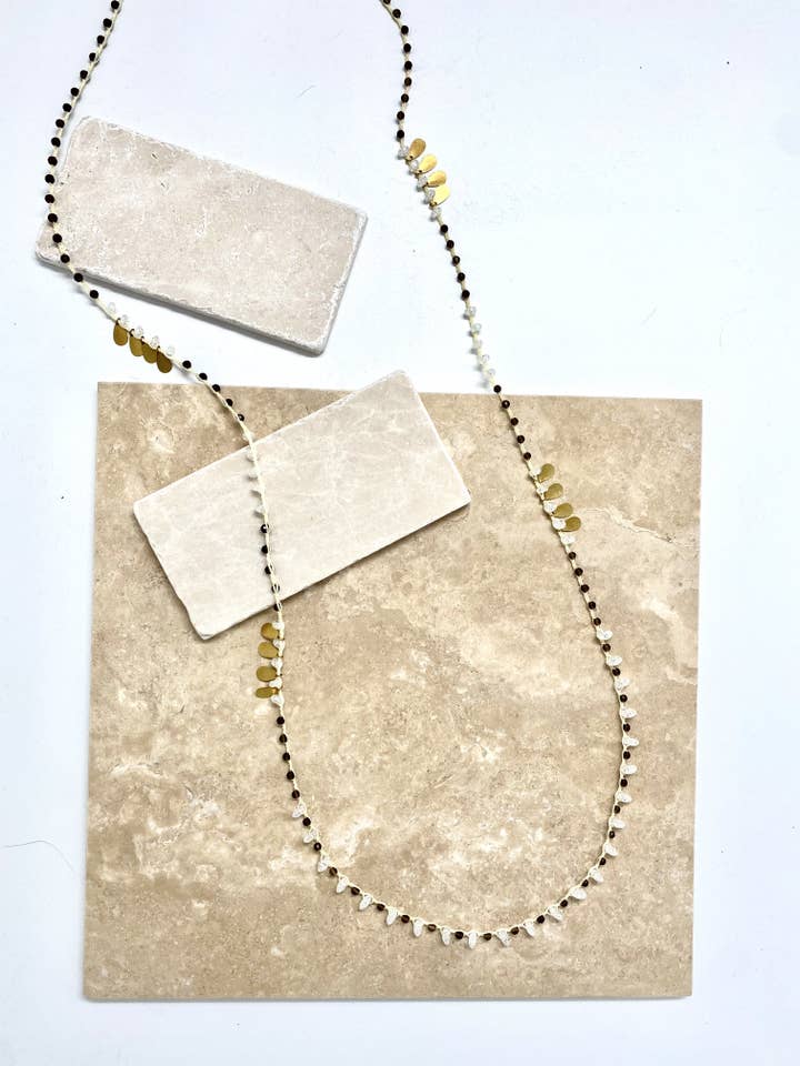 Natural Smoky Quartz Gemstone Hand-Crocheted Necklace w/ Quartz Crystal and Brass Teardrop charms for wholesale by Margeaux Road