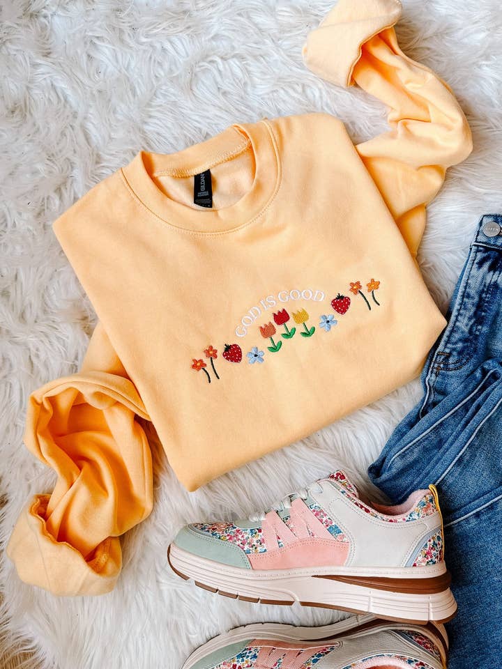 Flowers & Fruit God Is Good Embroidered Sweatshirt - Yellow Haze for wholesale by Emerlie Love